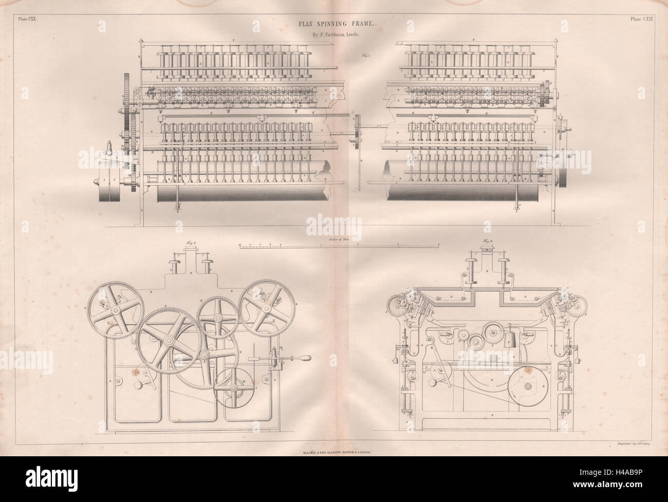 VICTORIAN DESSIN TECHNIQUE. Filage du lin image par P. Fairbairn, Leeds 1847 Banque D'Images VICTORIAN DESSIN TECHNIQUE. Filage du lin image par P. Fairbairn, Leeds 1847 Banque D'Images