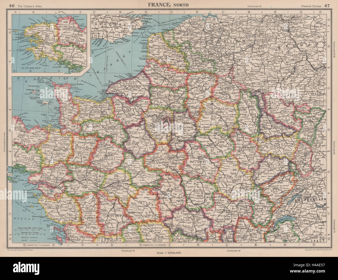 La France en départements du Nord. BARTHOLOMEW 1944 old vintage map plan graphique Banque D'Images