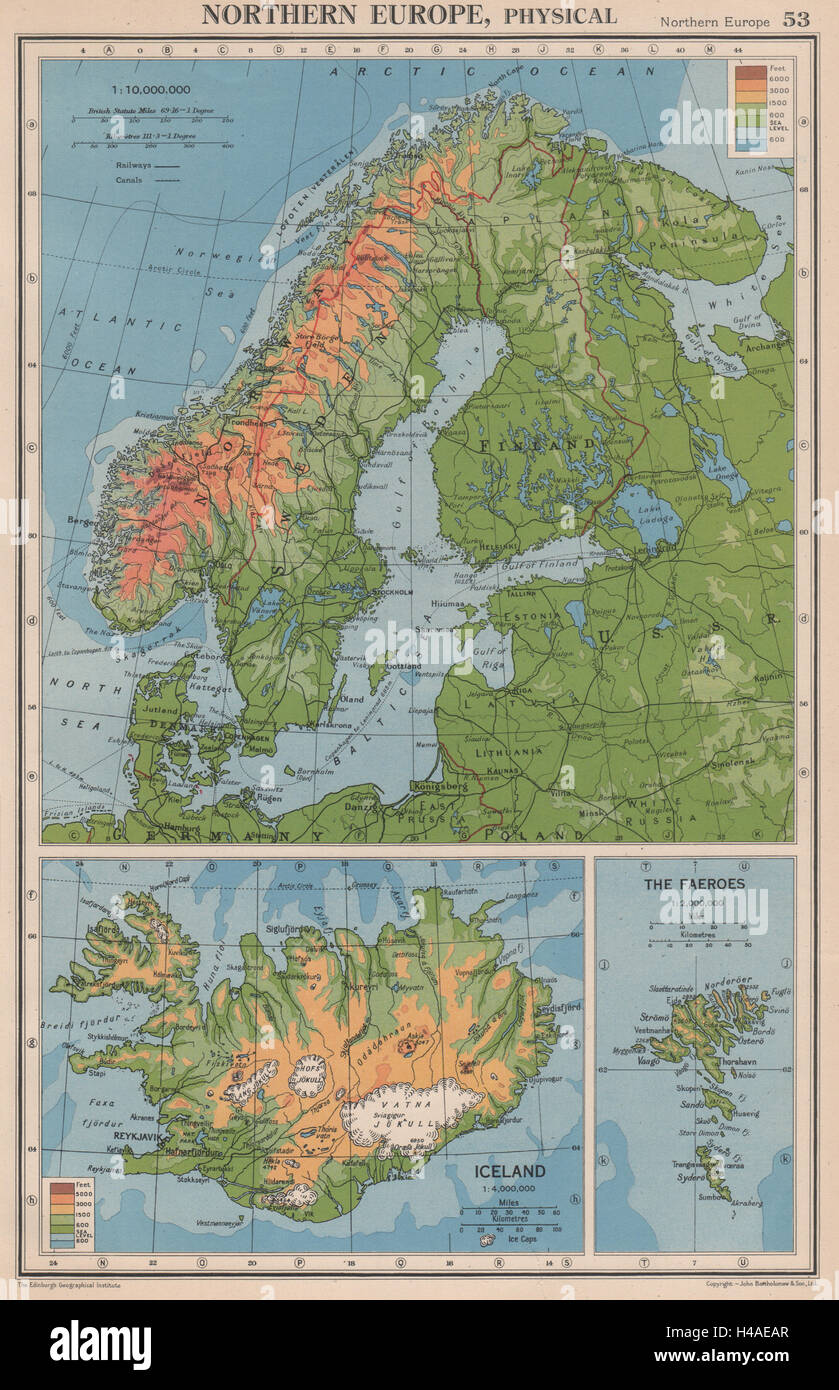 Physique de la Scandinavie. Norvège Suède Danemark Finlande ( <1940) 1944 la carte Banque D'Images