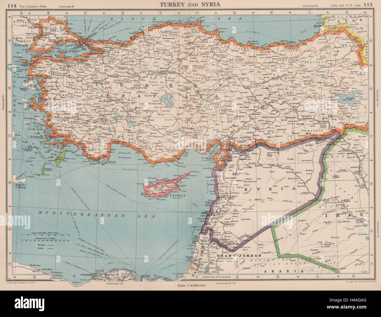 La Turquie et levant. La Syrie intègre le Liban. La Palestine d'avant Israël 1944 map Banque D'Images