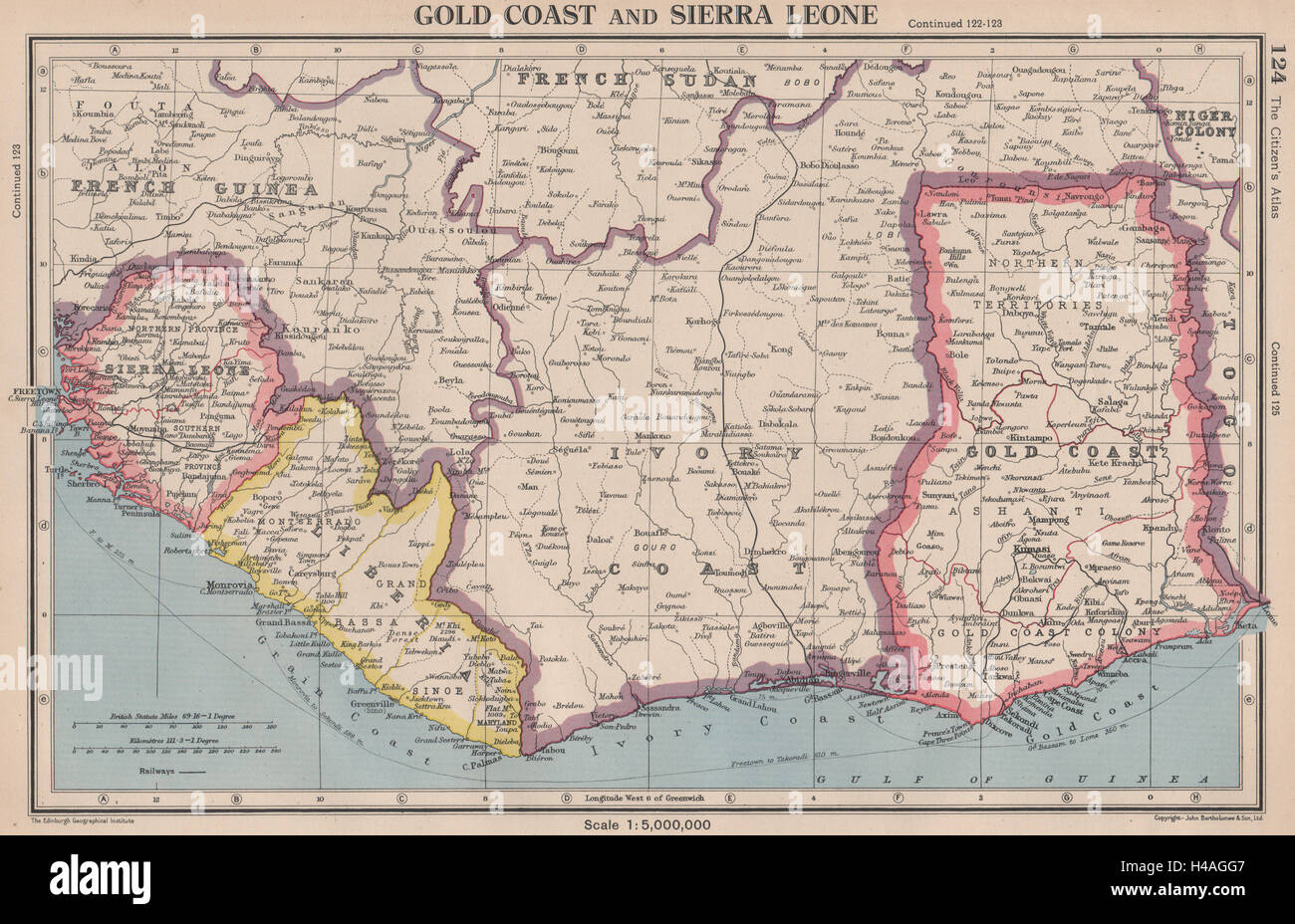 L'Afrique de l'Ouest. Gold Coast (Ghana) Sierra Leone Liberia Côte d'Ivoire 1944 map Banque D'Images