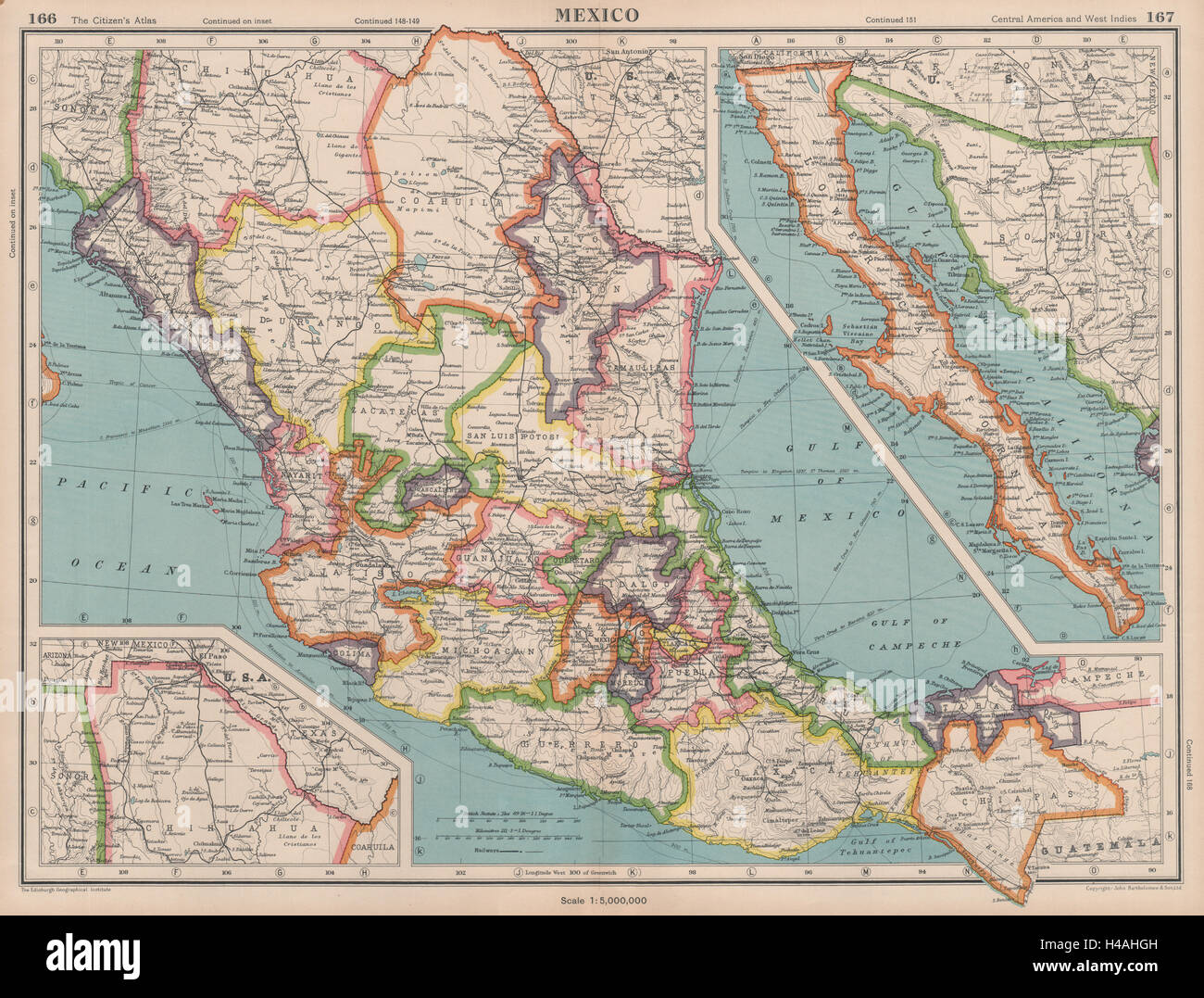 Le Mexique. montrant membres. BARTHOLOMEW 1944 old vintage map plan graphique Banque D'Images