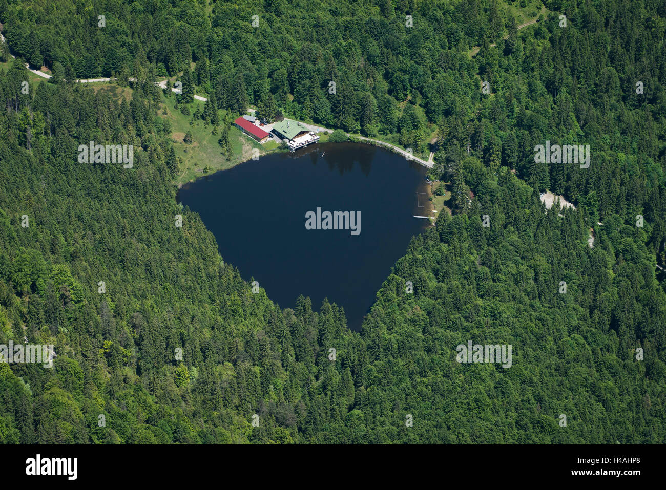 Pflegersee Lake au-dessus de Garmisch-Partenkirchen, piscine extérieure, restaurant au bord du lac, lac de montagne, lac de baignade, photo aérienne, Allemagne, Berlin, Alpes, Werdenfelser Land Banque D'Images