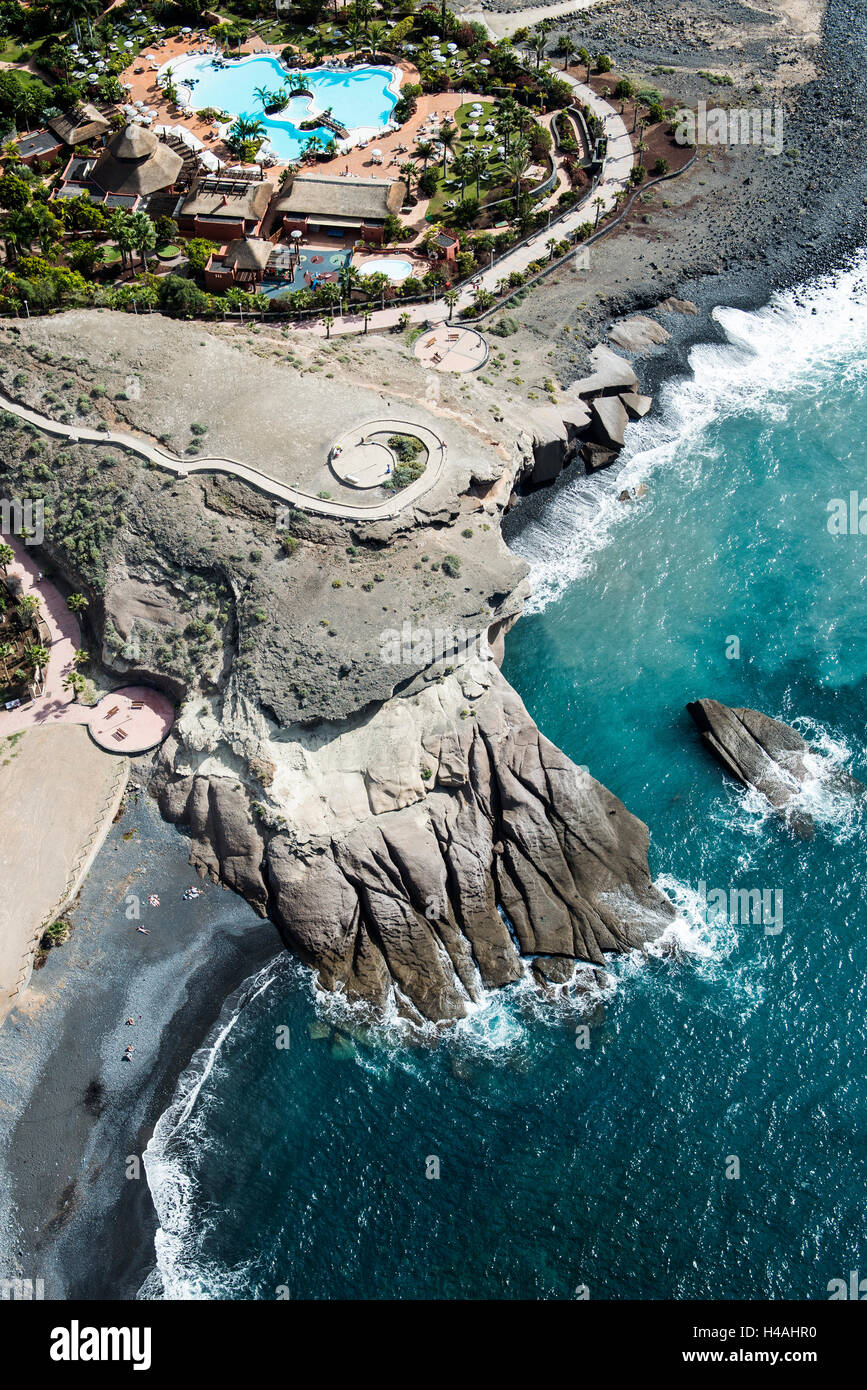 La Caleta, Tenerife, Playa de la Enramada, Costa Adeje, volcan, côte côte rock, le Sheraton La Caleta, photo aérienne, la plage, l'Atlantique, mer, promenade, hôtels, complexes, bloc d'appartements, province Santa Cruz de Tenerife, Canaries, Espagne Banque D'Images