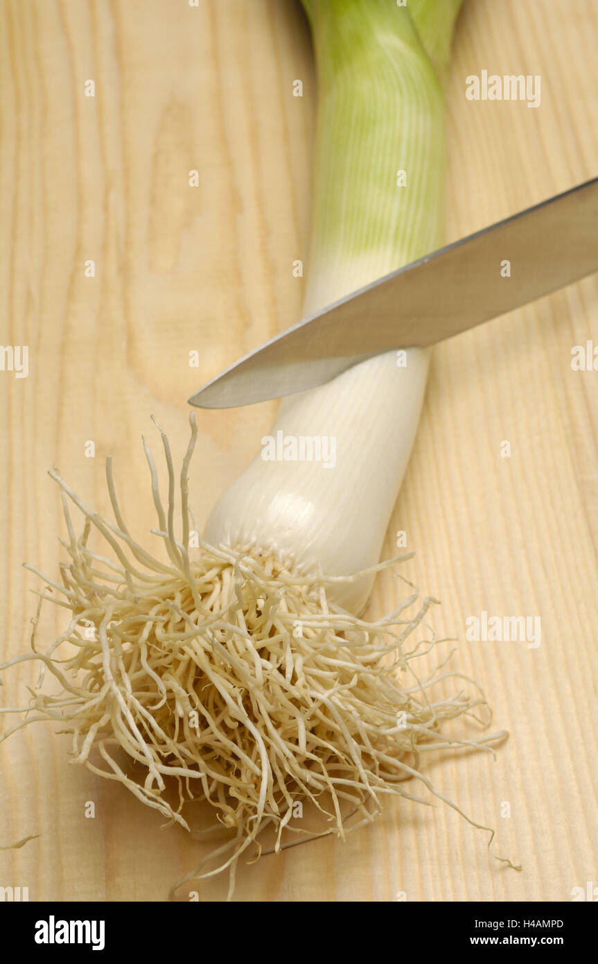 Poireau, détail, racines, couteaux, Banque D'Images
