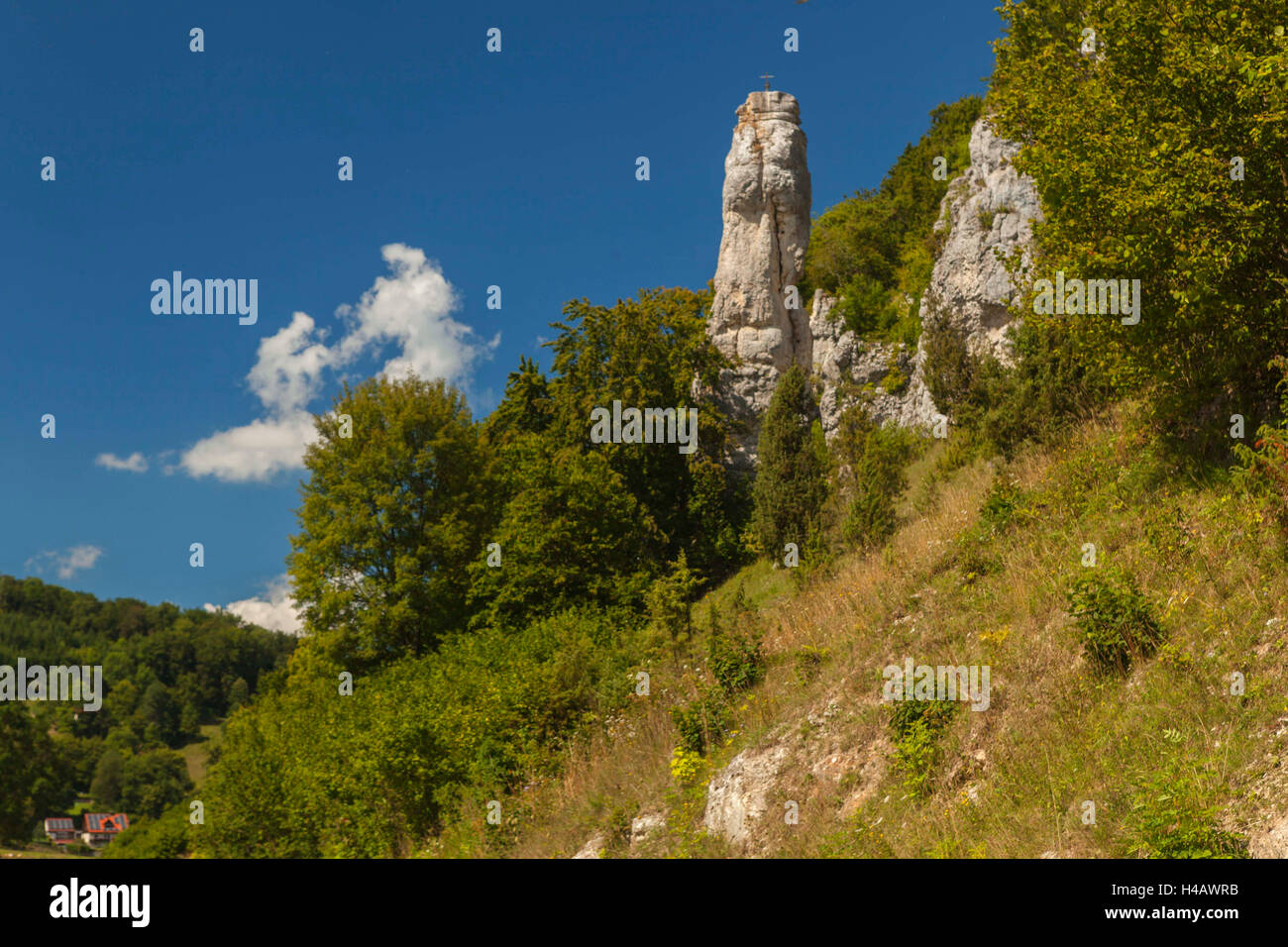 Allemagne, Bade-Wurtemberg, Jura souabe, grosses Lautertal vallée, climbing rock dans Bichishausen Banque D'Images