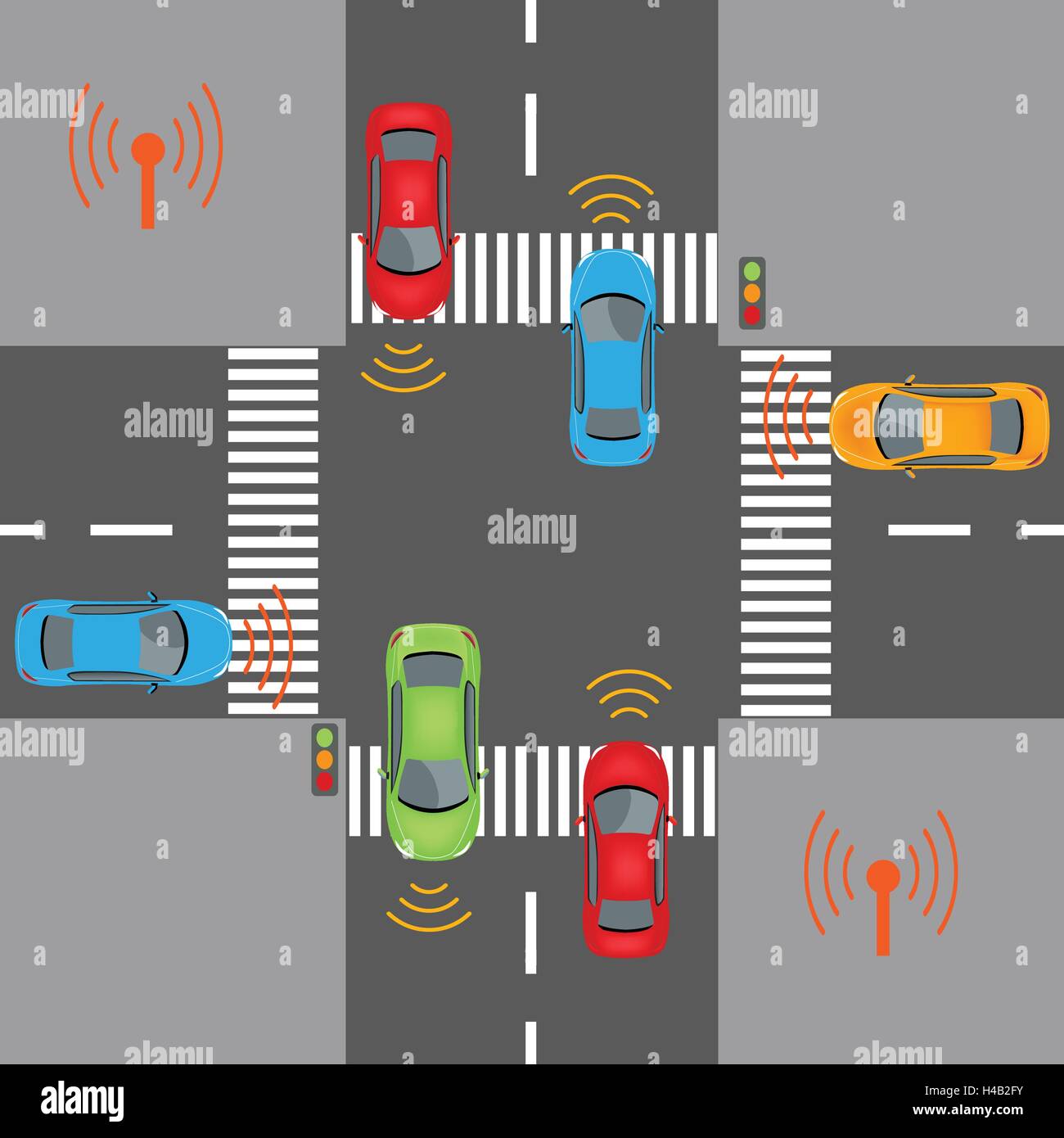 La communication qui connecte les périphériques de voitures sur la route, tels que les feux de circulation, des capteurs ou des passerelles Internet. Réseau sans fil Illustration de Vecteur