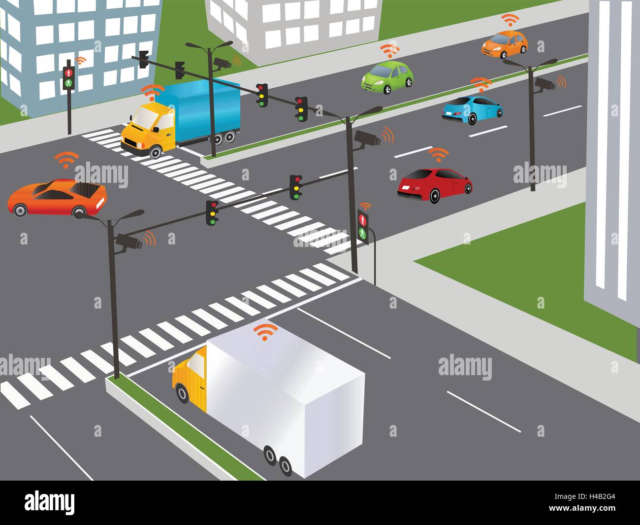 La communication qui connecte les périphériques de voitures sur la route, tels que les feux de circulation, des capteurs ou des passerelles Internet. Réseau sans fil Illustration de Vecteur