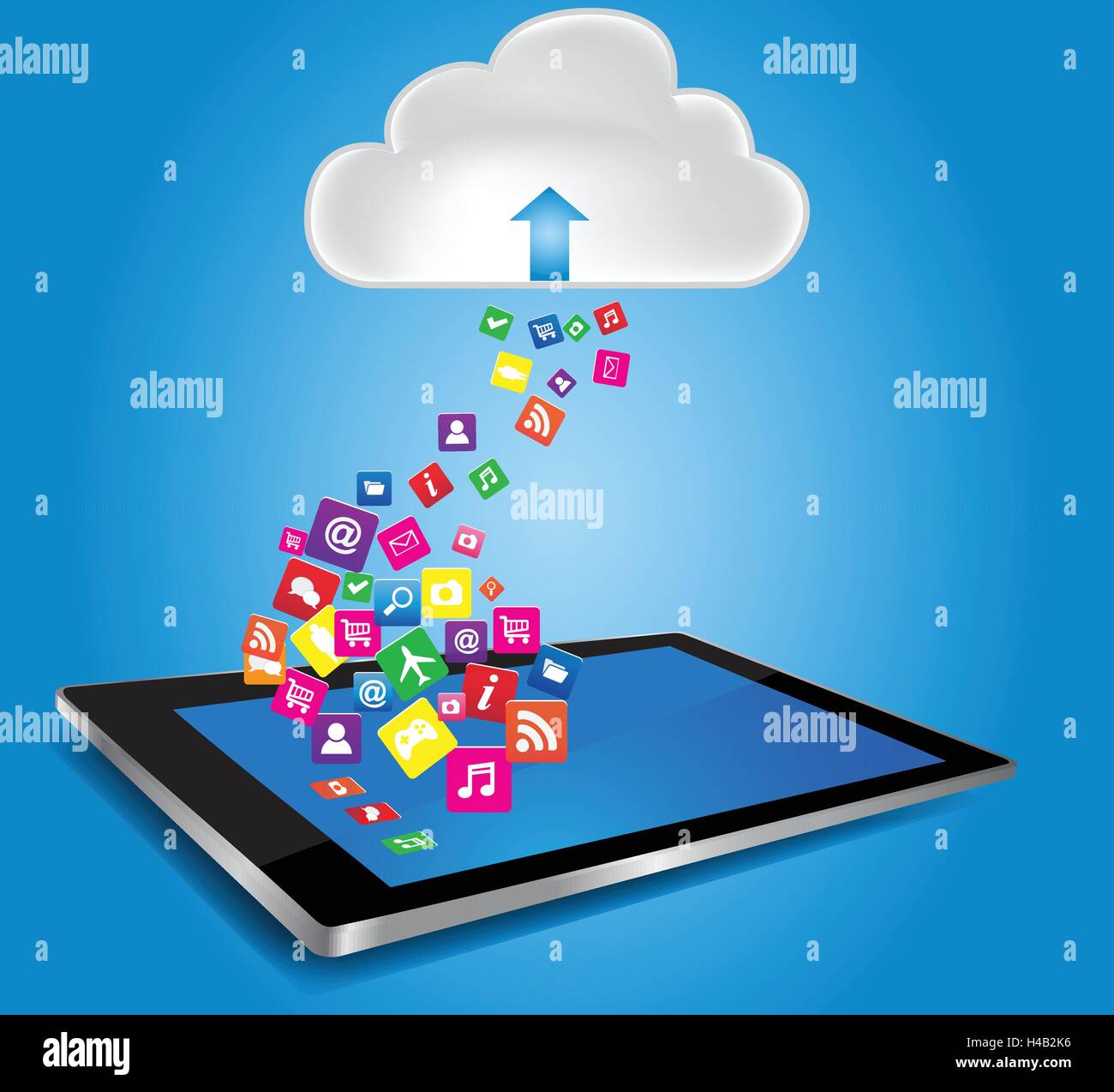 Le cloud computing et la mobilité concept. Cloud avec Tablet PC et les icônes d'application, Illustration de Vecteur