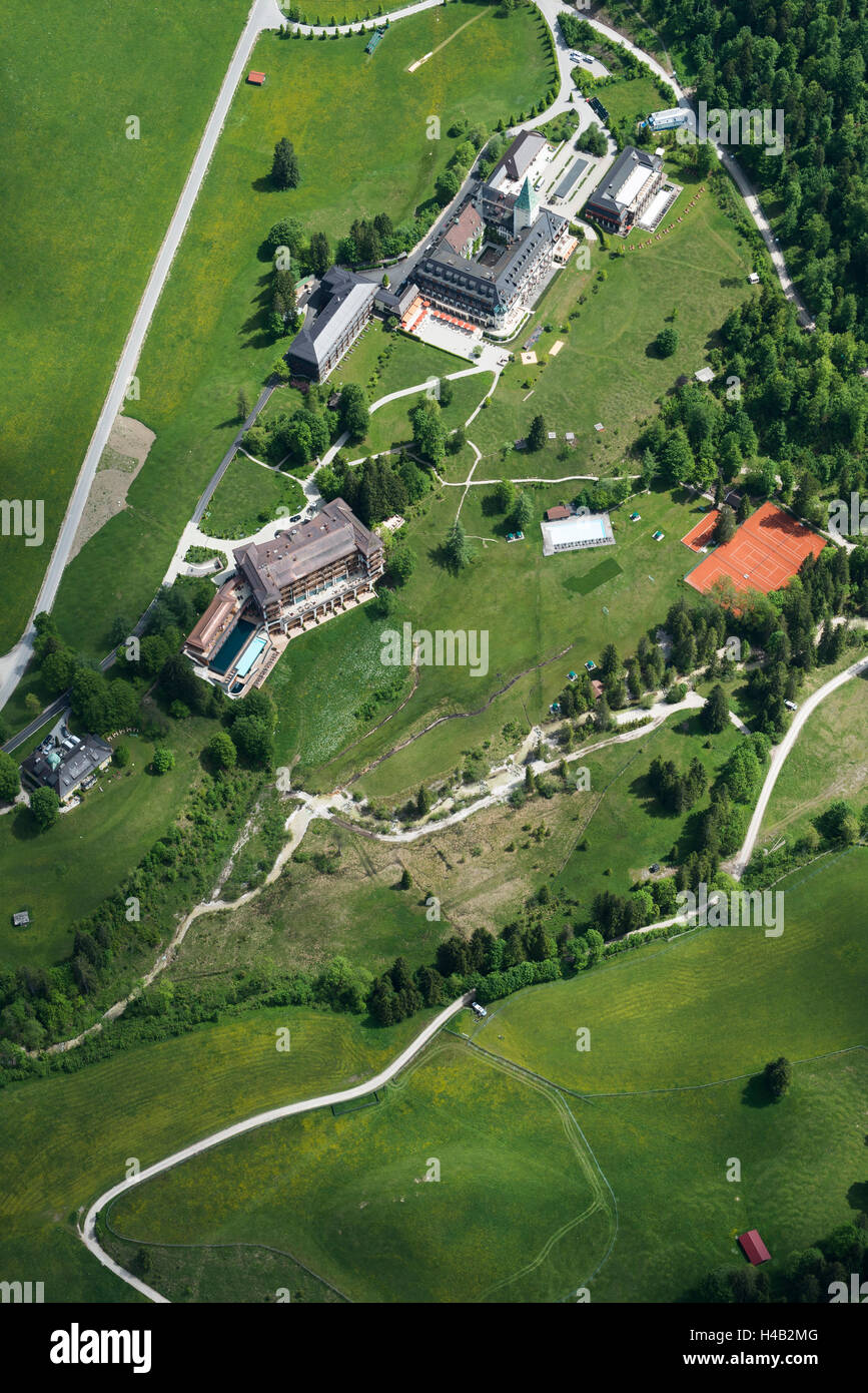 Château d'Elmau, Elmau, sommet du G7, l''hôtel, Reintal, hautes terres, Haute-Bavière, Bavière, Allemagne, vue aérienne Banque D'Images