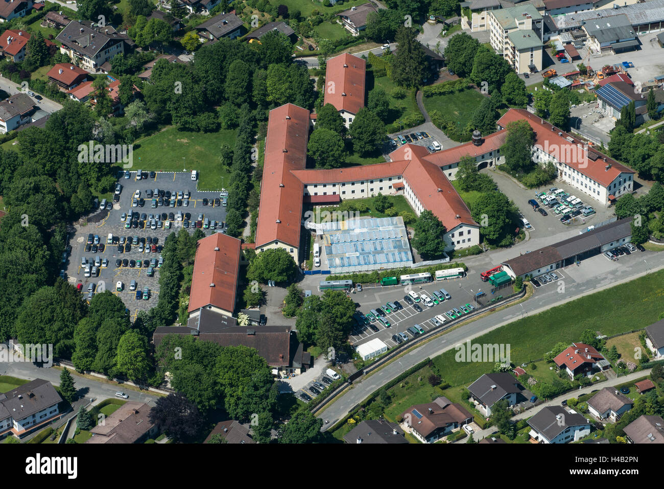 Sommet G7 2015 sur château Elmau, Garmisch-Partenkirchen, prison de conteneurs, de la police et de la justice, centre vue aérienne, Bavière, Allemagne Banque D'Images