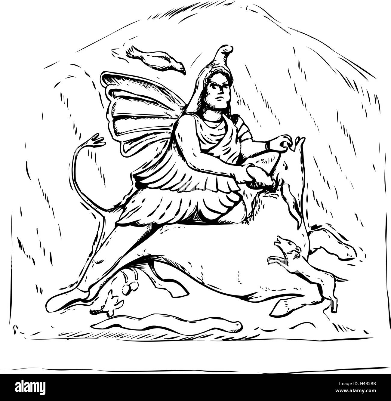 Reconstruction de médecine légale a décrit Dieu Perse Mithra tuant d'un taureau noir à partir de la 4ème siècle la sculpture sur pierre à Jajce, Bosnie Banque D'Images