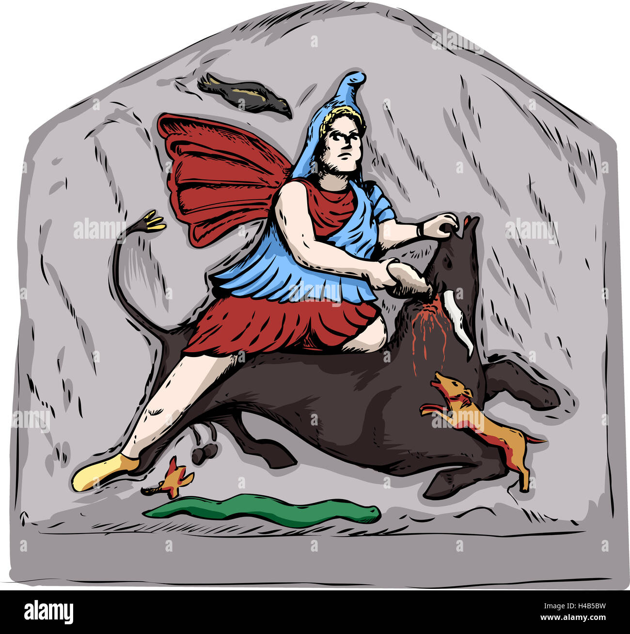 La reconstruction judiciaire illustration de Mithra tuant d'un taureau noir à partir de la 4ème siècle sculptures sur pierre à Jajce, Bosnie Banque D'Images