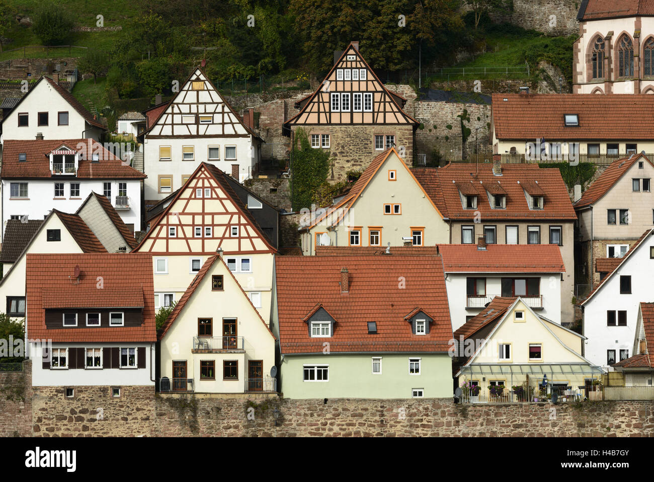 Buckhorn sur le Neckar, maisons à colombages, Hesse, Allemagne, Banque D'Images