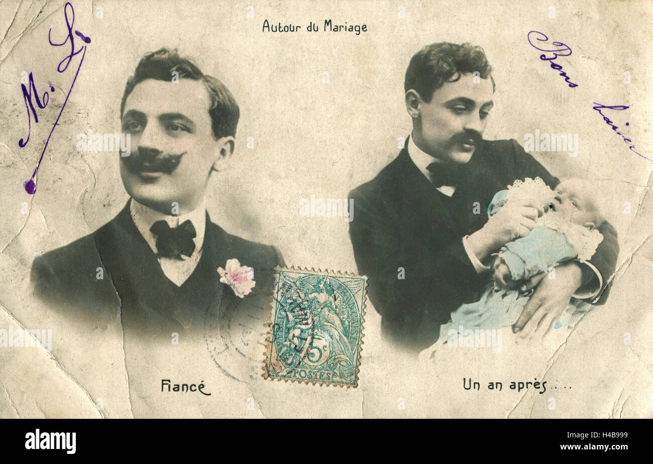 Carte postale, historiques, l'homme, fiancé, mariage, père, bébé Banque D'Images