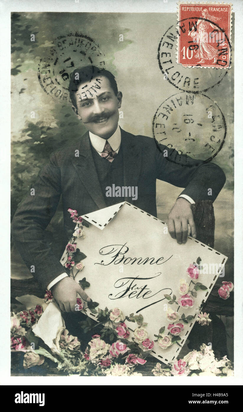 Carte postale, historiques, l'homme, roses, signe, souhaits d'anniversaire, Bonne fete Banque D'Images