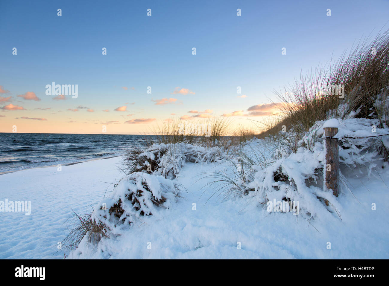 Lever du soleil, la plage, l'hiver, la neige, la mer Baltique, Darss, Zingst, Allemagne Banque D'Images