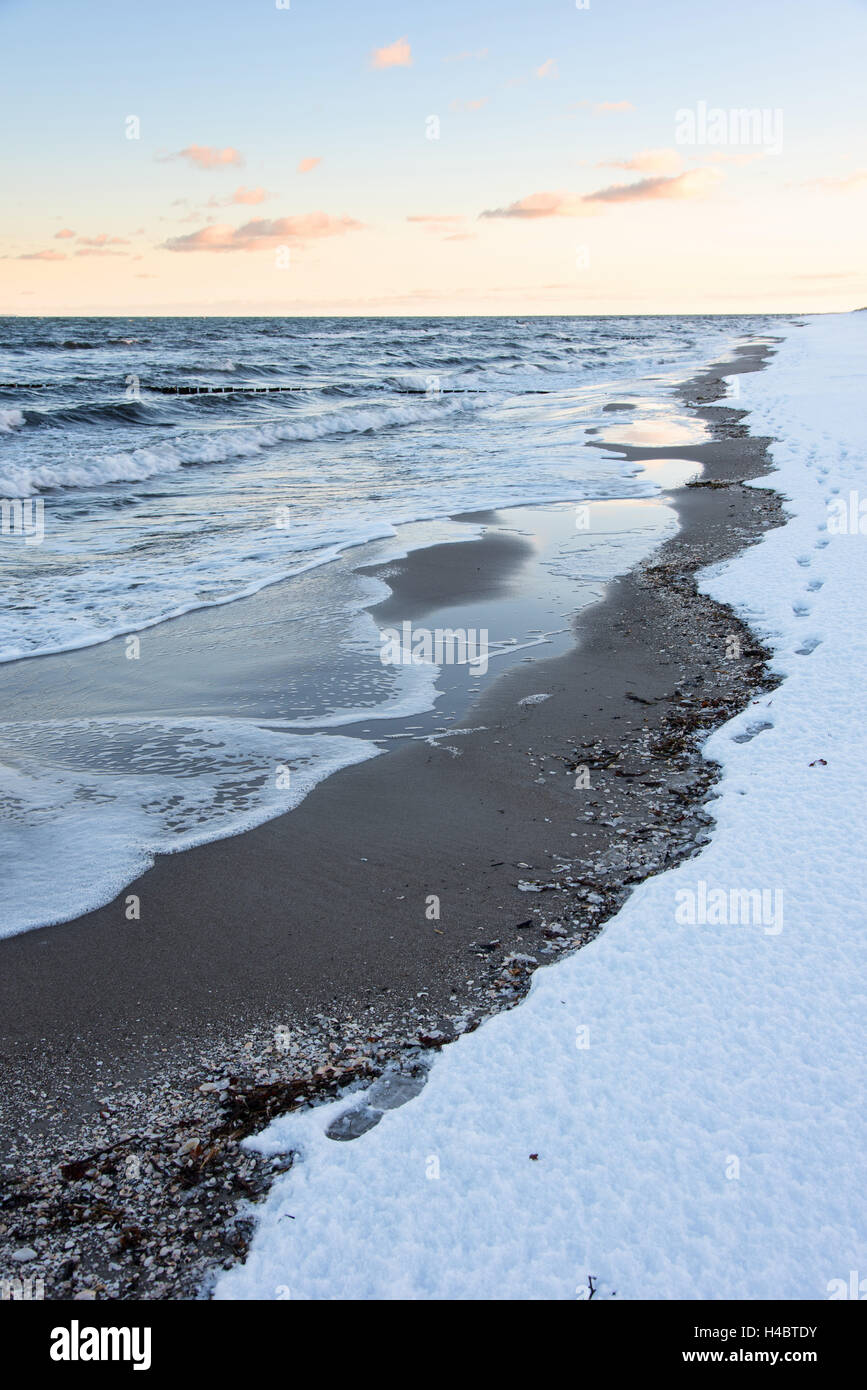 Lever du soleil, la plage, l'hiver, la neige, la marche, la mer Baltique, Darss, Zingst, Allemagne Banque D'Images