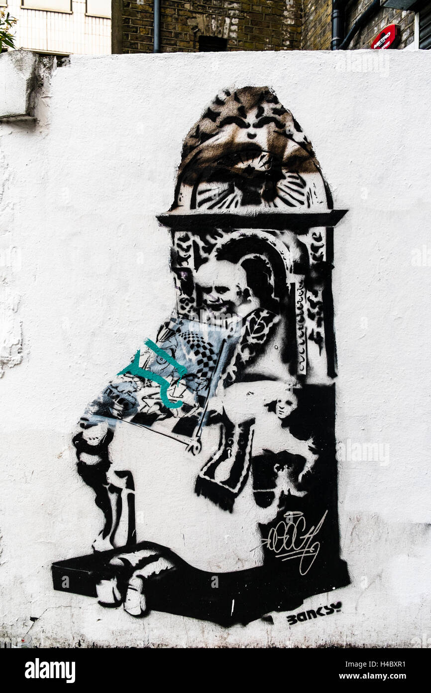 Street art bansky à Shoreditch et Hoxton quartier dans Londres, Royaume-Uni, Europe Banque D'Images