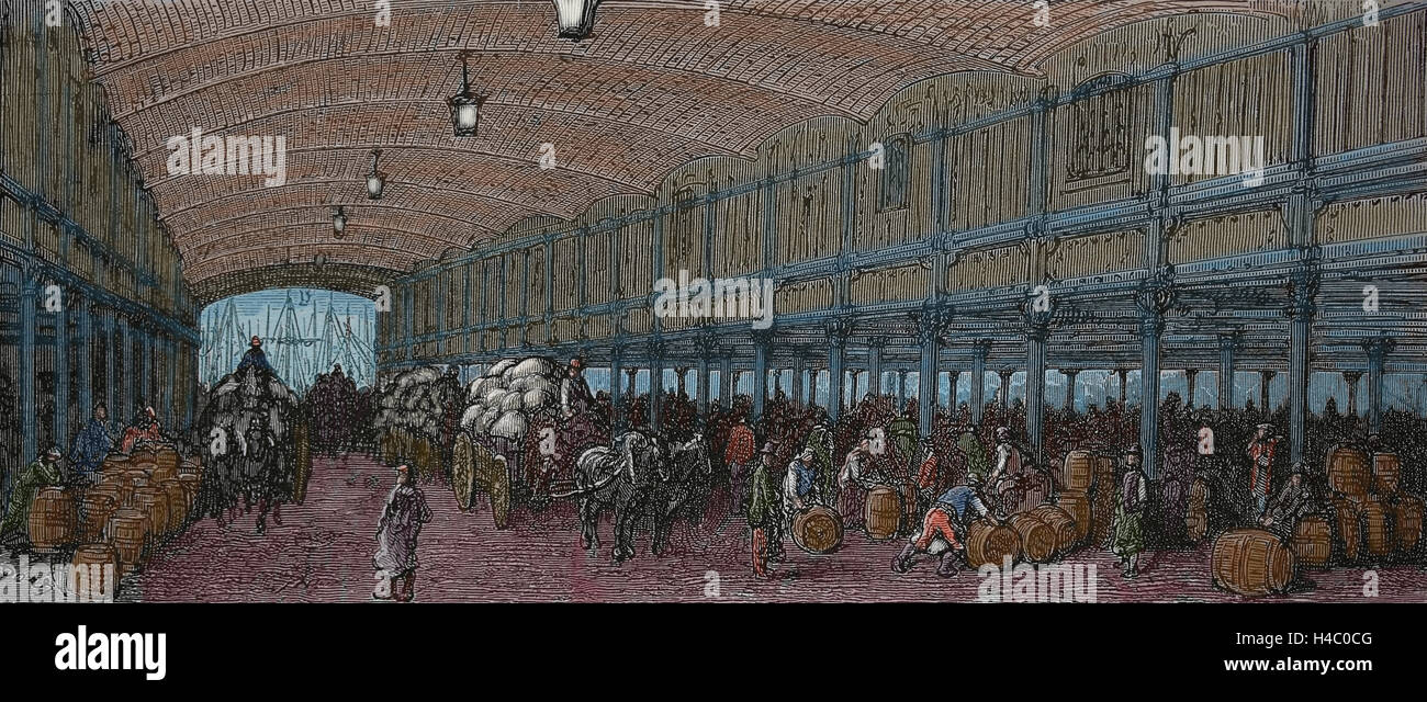 United Kingdom. Londres. Le grand entrepôt. st. Katherine's Dock. Gravure par Boucher, 19e C. La couleur. Banque D'Images