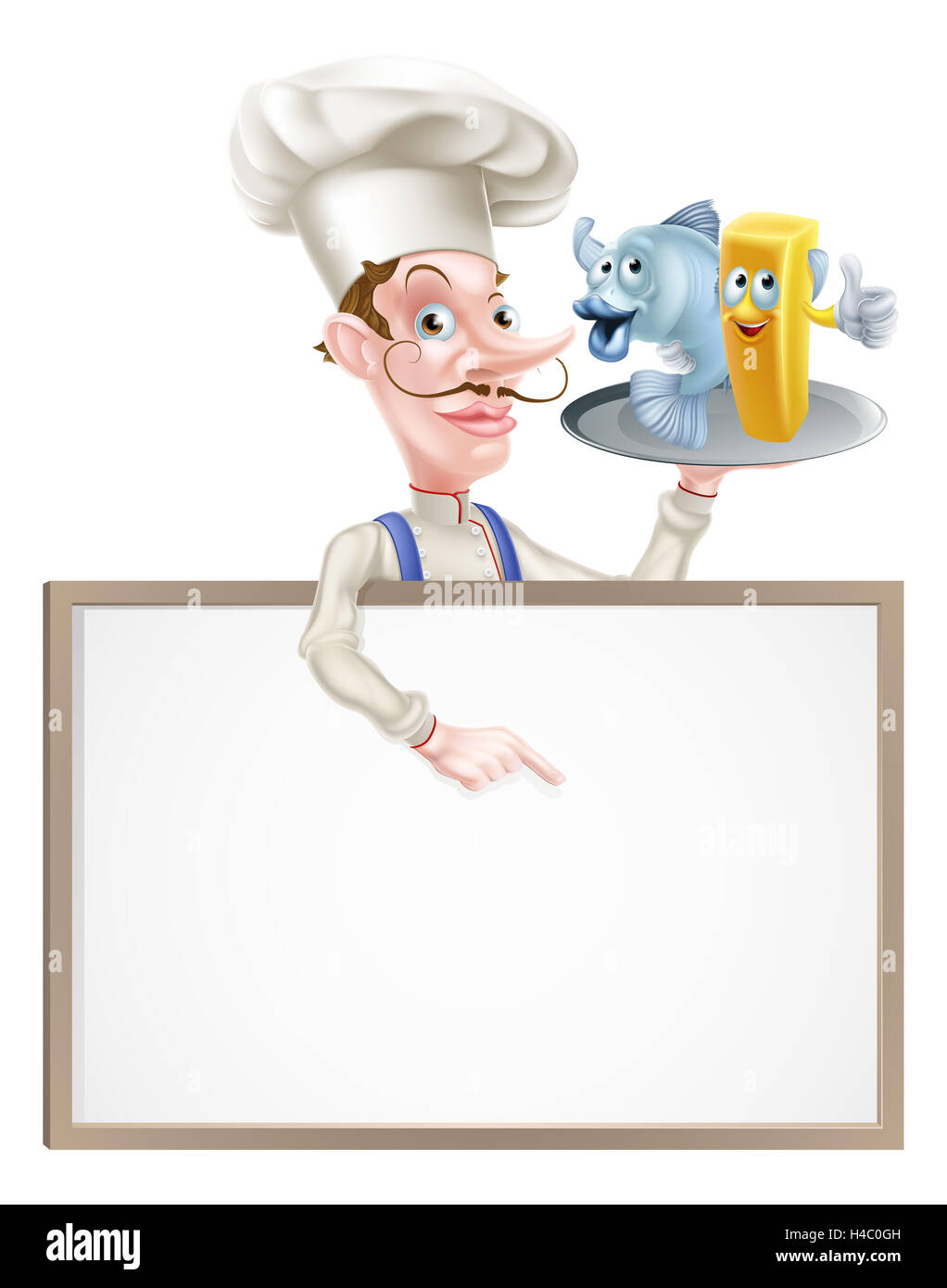 Une illustration d'une caricature Chef Holding Fish and Chips Sign Banque D'Images