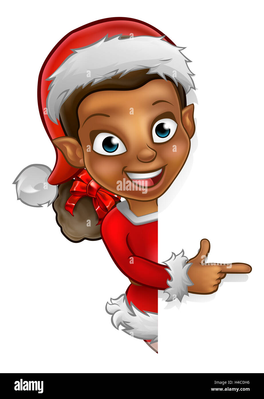 Un cute cartoon lutin de Noël dans un Santa hat jeter autour de signer et de pointage Banque D'Images