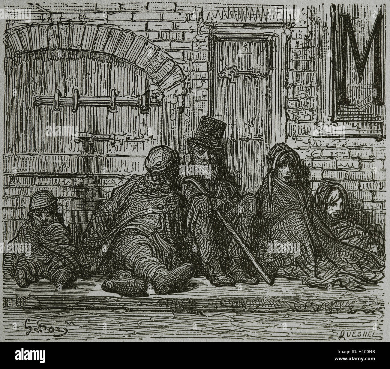 United Kingdom. Londres. Ère victorienne. Humble Industries. Les sans-abri. Gravure de Gustave Dore, 19e siècle. Banque D'Images