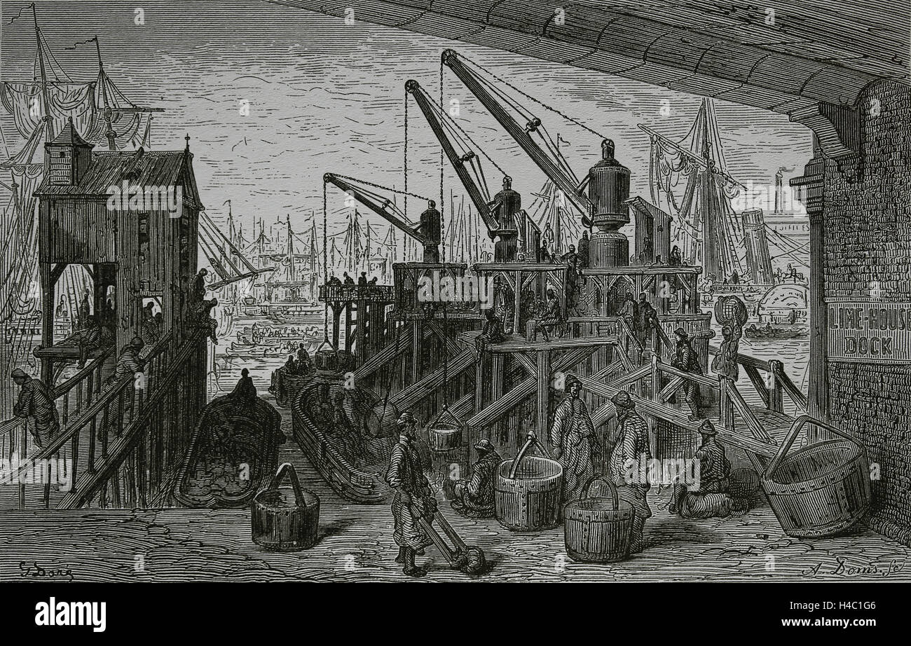 United Kingdom. Londres. Limehouse Dock. Gravure de Gustave Dore, 19e siècle. Banque D'Images