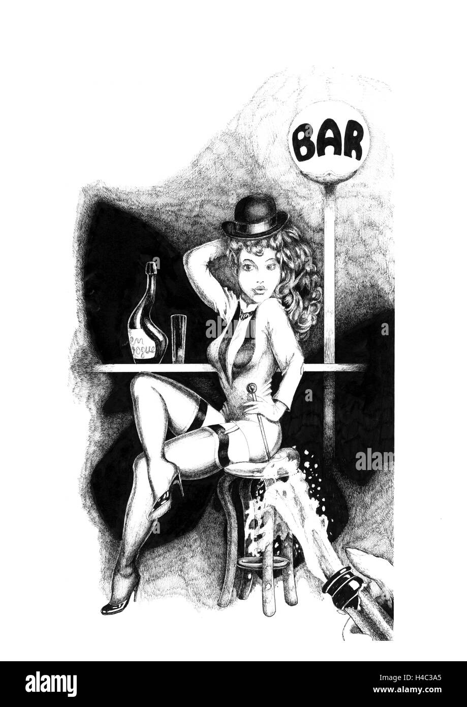 La Barmaid avec bouteille de champagne ouverte Banque D'Images