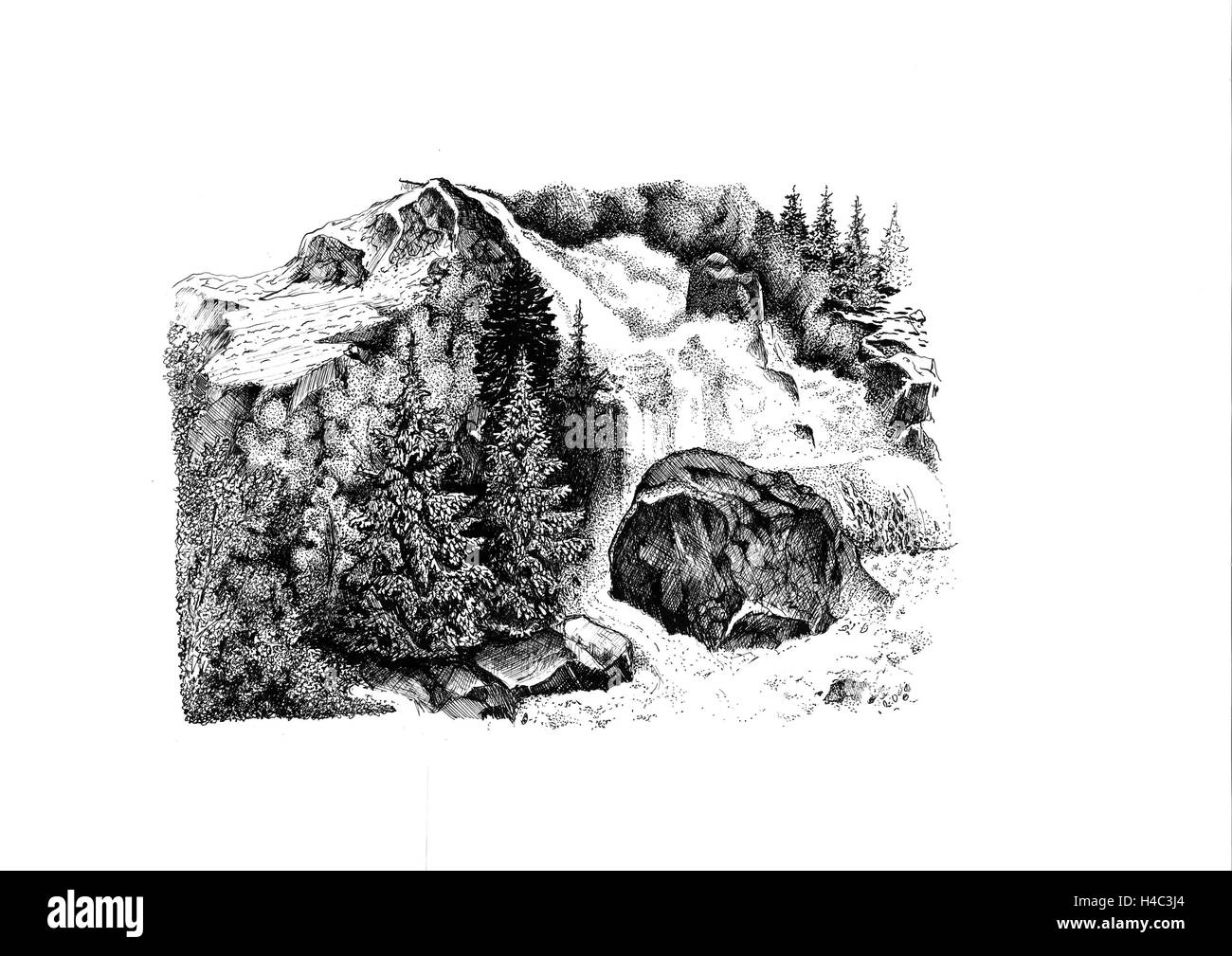 Sapins, rochers et cascade de montagne dans les Alpes Banque D'Images