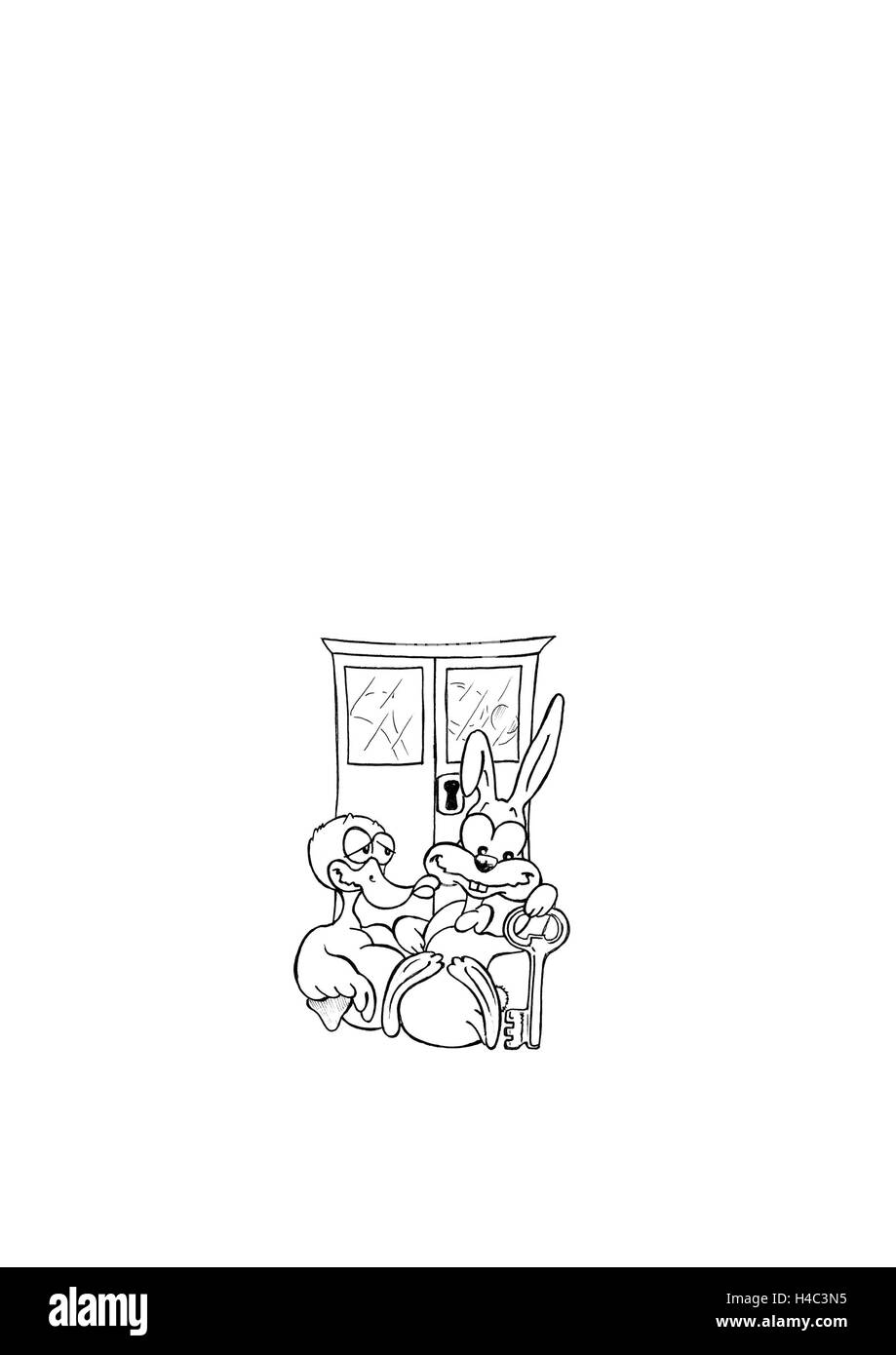 Hare et canard en face de restaurant fermé Banque D'Images