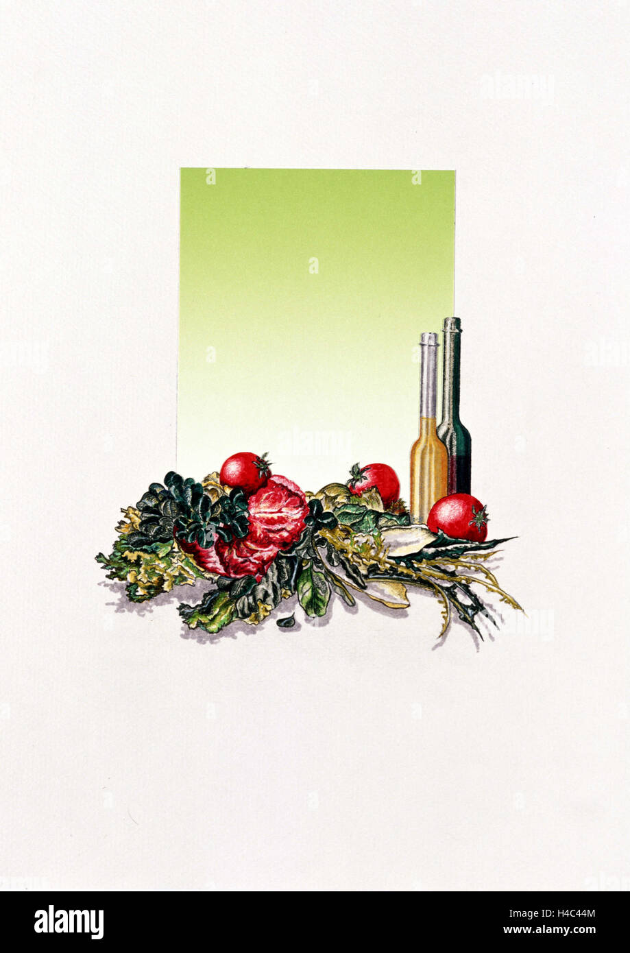 Carte des menus avec bouteilles et flacons d'huile de vinaigre Banque D'Images