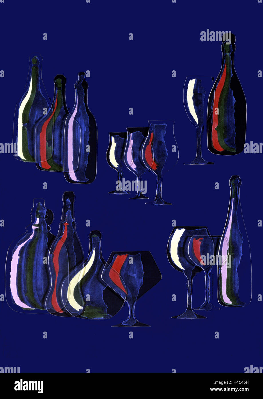 L'art moderne : fond bleu foncé, les bouteilles de vin et verres à vin Banque D'Images