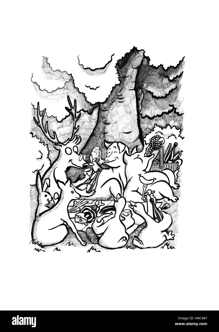 Pique-nique dans la forêt avec les chevreuils, lièvres, sangliers et de canards sauvages Banque D'Images