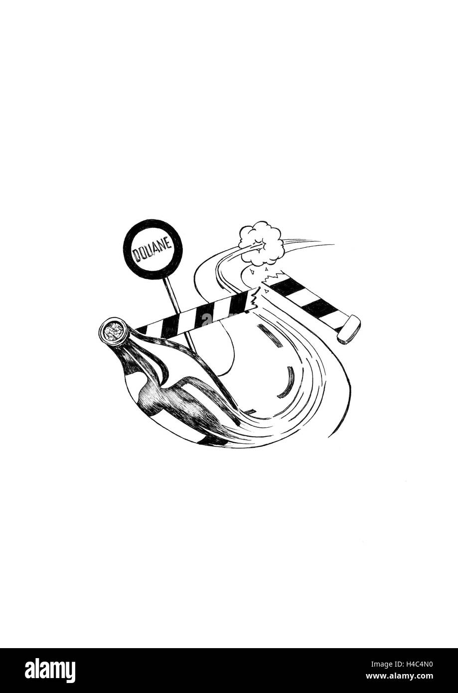 Bouteille de vin en cours d'exécution par les douanes, briser la barrière douanière Banque D'Images