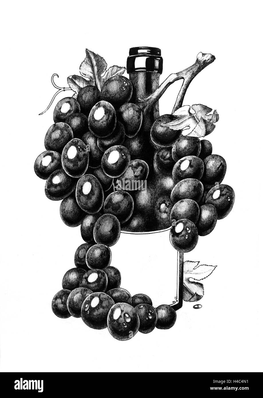 Bouteille de vin blanc avec du raisin et de l'espace Banque D'Images