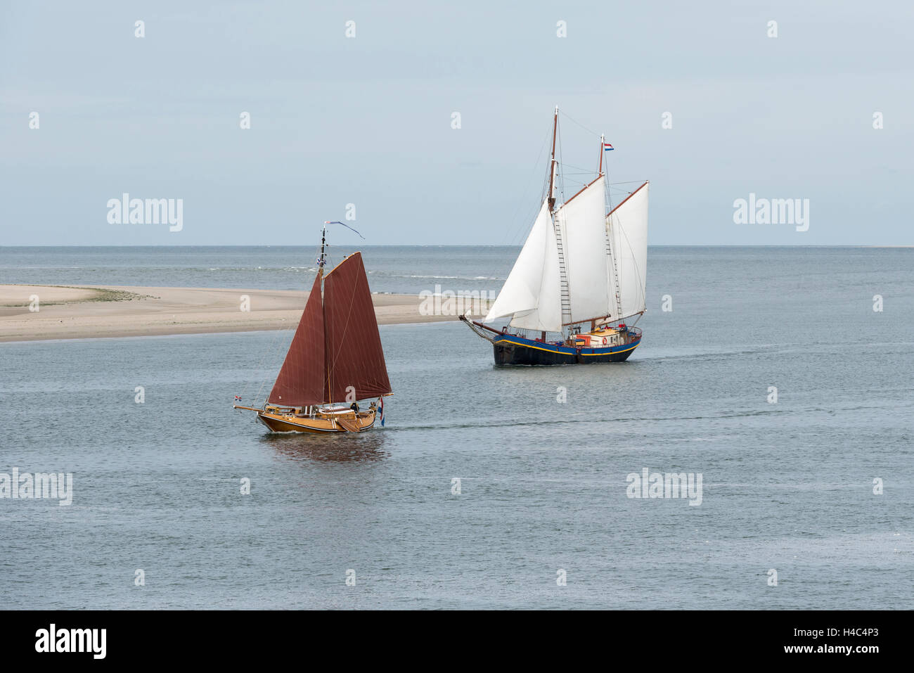 Vieux bateaux à voile sur le bord de la mer du Nord et mer des Wadden près de l'île de Wadden Vlieland Banque D'Images