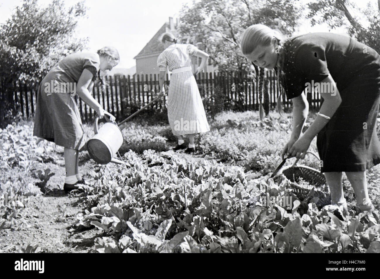 Schülerinnen des Schülerheims Kolonial Harzburg bei der Gartenarbeit, Deutsches Reich 1937. Les étudiants de l'école résidentielle coloniale Harzburg travaillant dans le jardin, Allemagne 1937. Banque D'Images