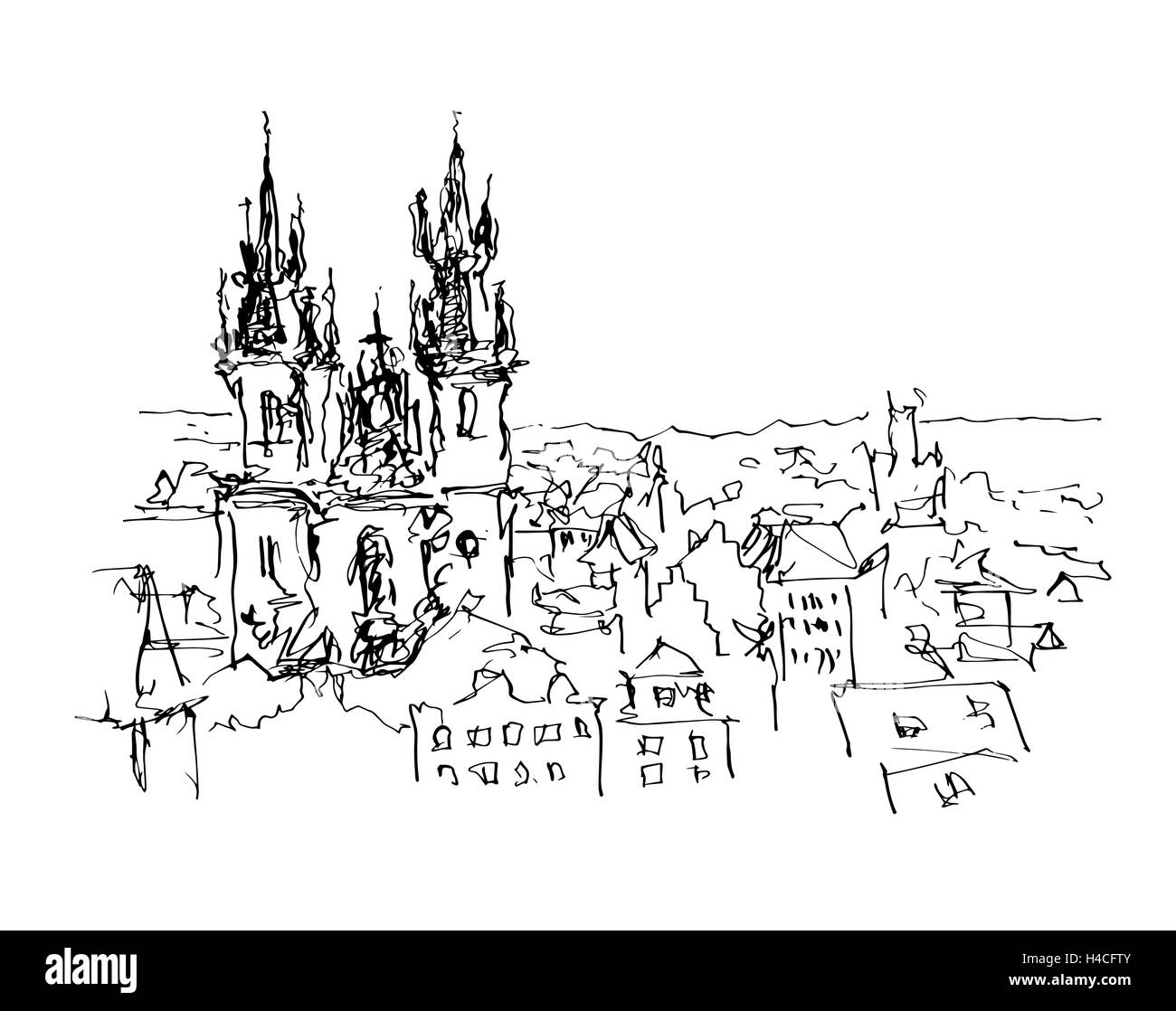 Le noir et blanc à l'encre le dessin des lignes de Prague vieille ville haut c Illustration de Vecteur