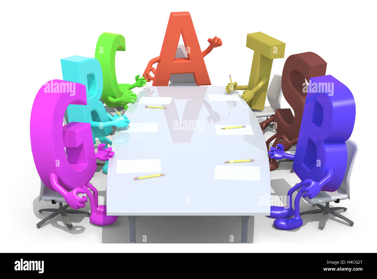 De nombreuses polices 3d autour de la table de réunion et suivre leur patron, 3d illustration Banque D'Images