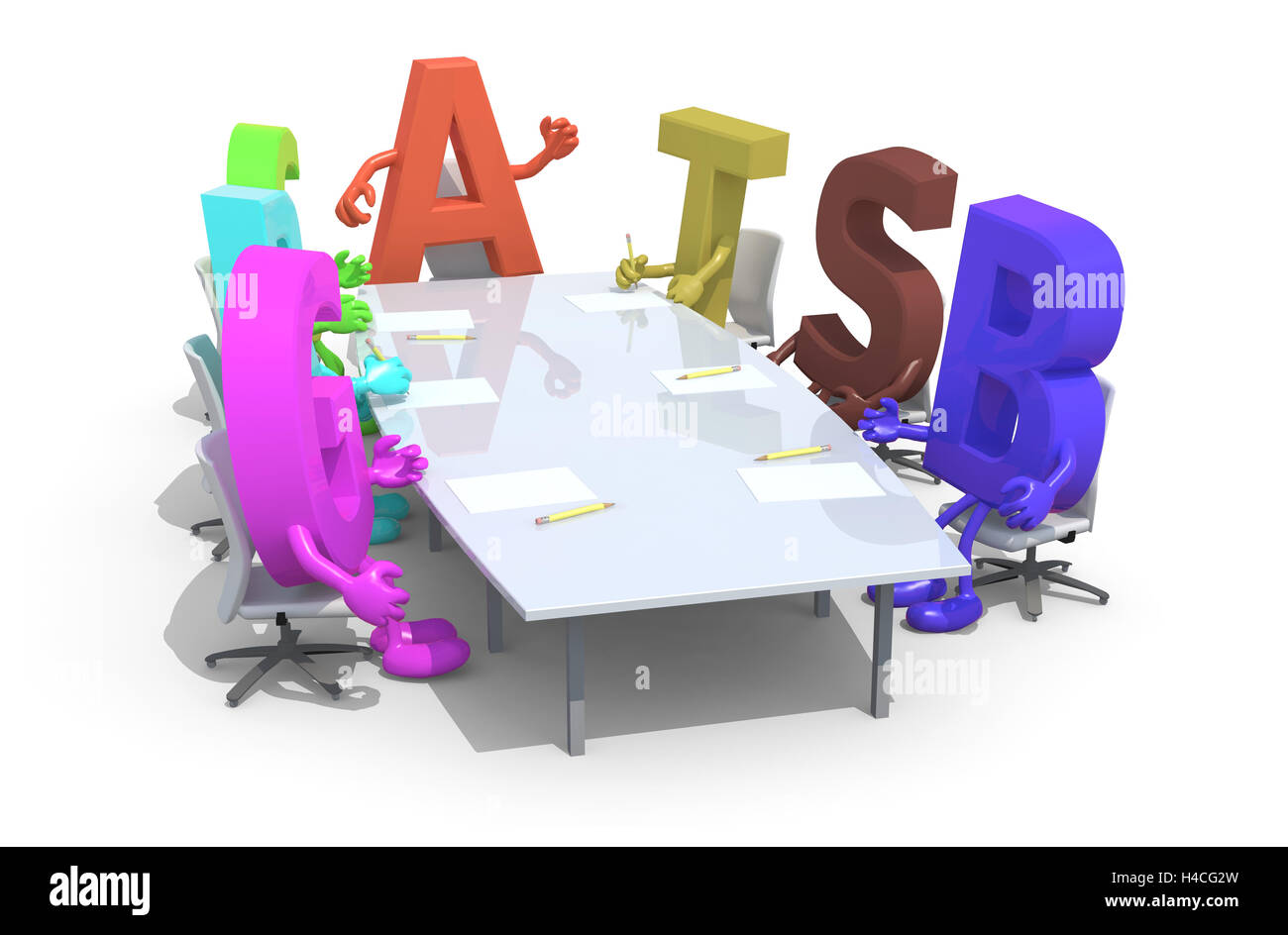 De nombreuses polices 3d autour de la table de réunion et suivre leur patron, 3d illustration Banque D'Images