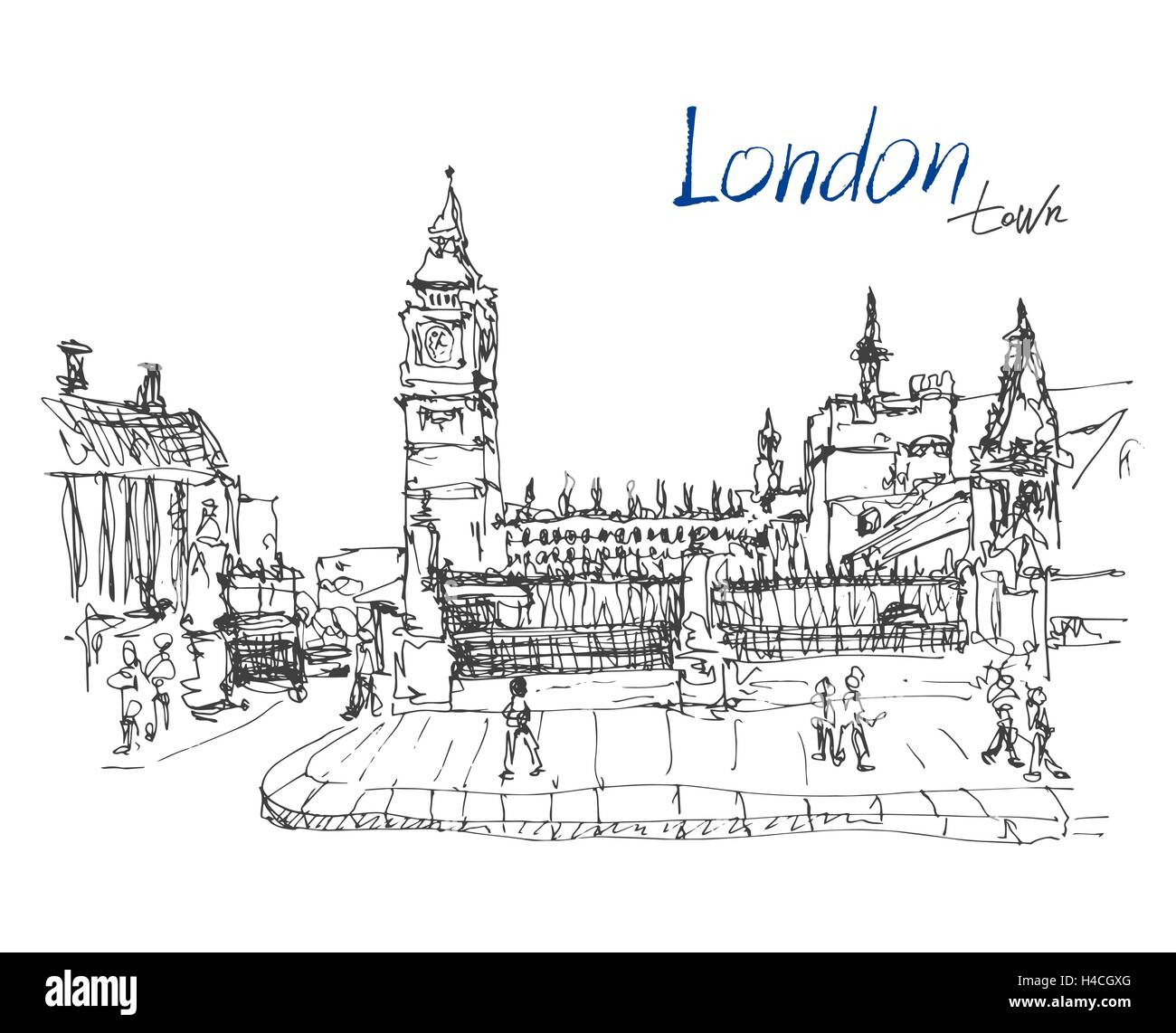 Dessin à l'encre de la célèbre place de Londres avec lettrage main Illustration de Vecteur