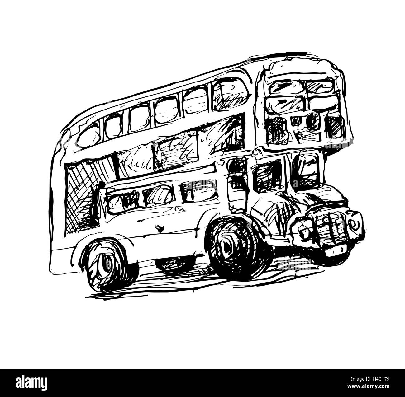 Doodle croquis noir et blanc dimensions du symbole de Londres - bus rouge Illustration de Vecteur
