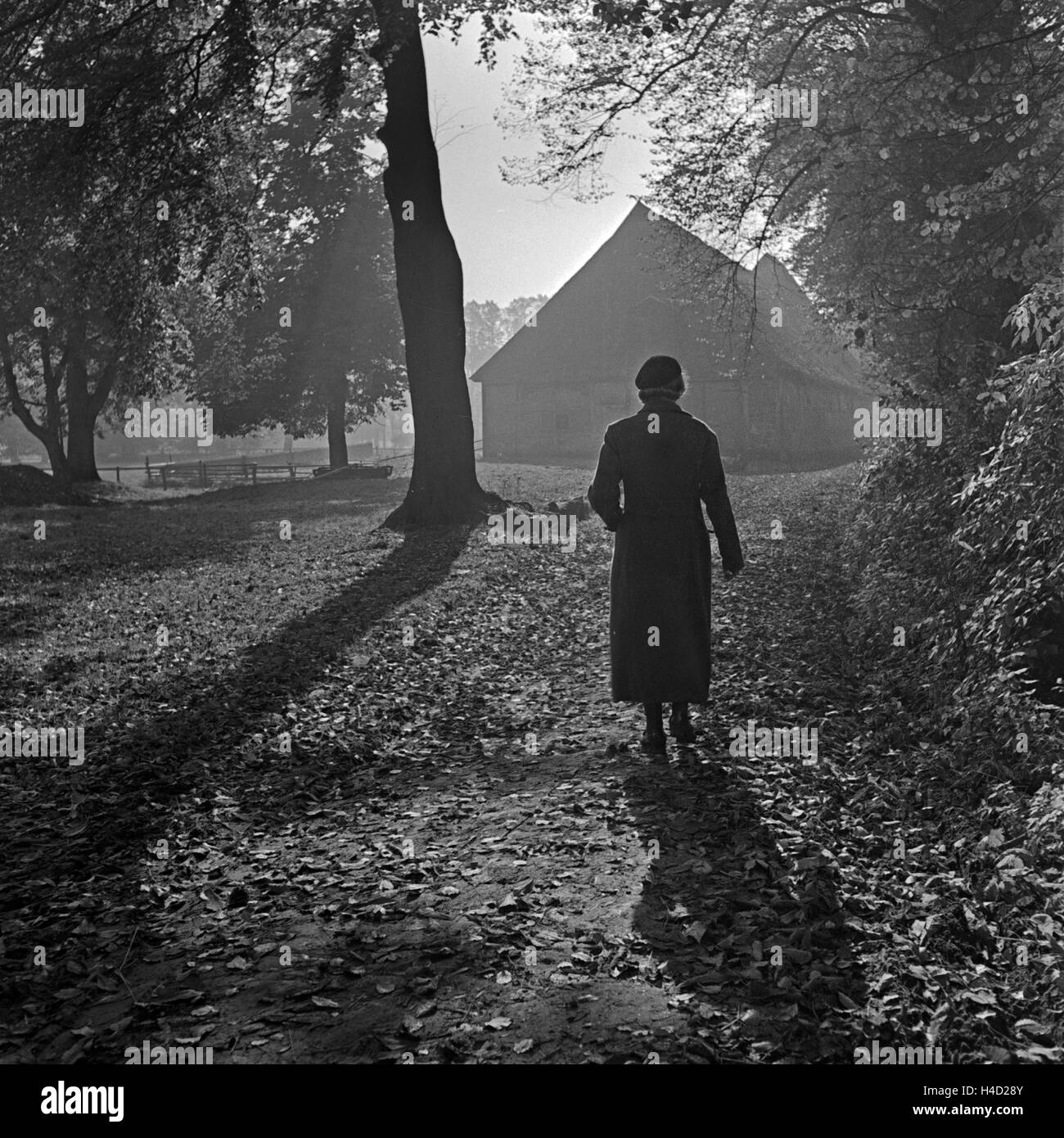 Eine Frau im Herbst spaziert une einem Bauernhaus in der Elbmarsch vorbei, Deutschland 1930 er Jahre. Une femme se promenant le long d'une ferme dans le bogland de Elbe, Allemagne 1930. Banque D'Images