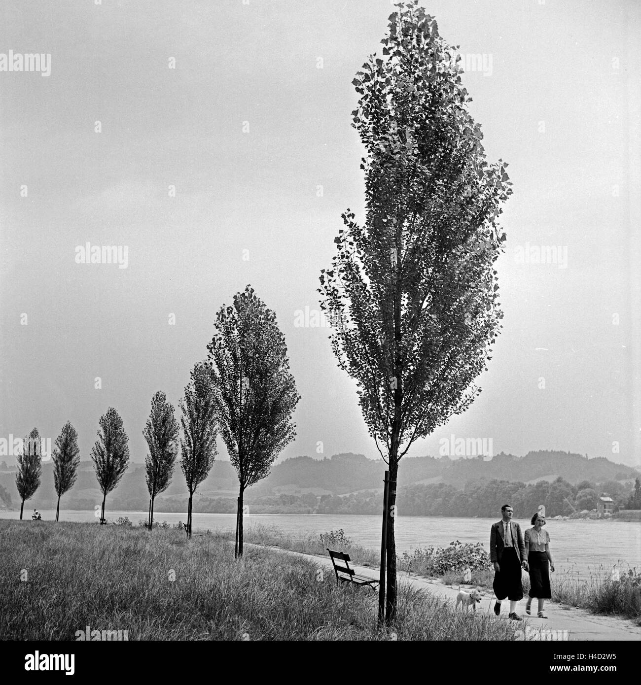 Ein junges Paar spaziert Am Ufer der Donau bei Passau entlang, Deutschland 1930 er Jahre. Un jeune couple se promener sur la plaie de Danube près de Passau, Allemagne 1930. Banque D'Images