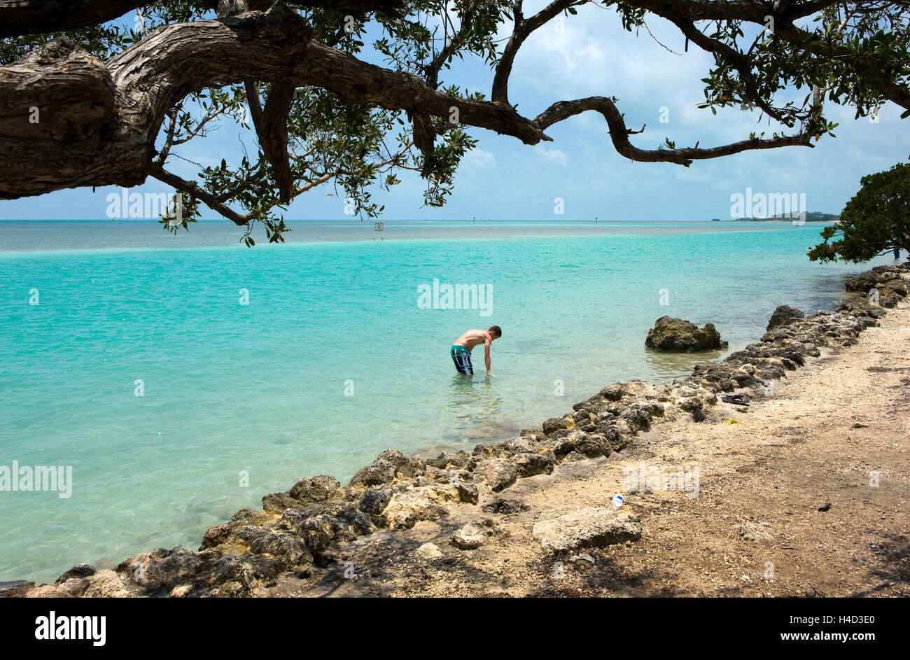 Un adolescent est jouer dans l'eau sur une plage de la Florida Keys Banque D'Images
