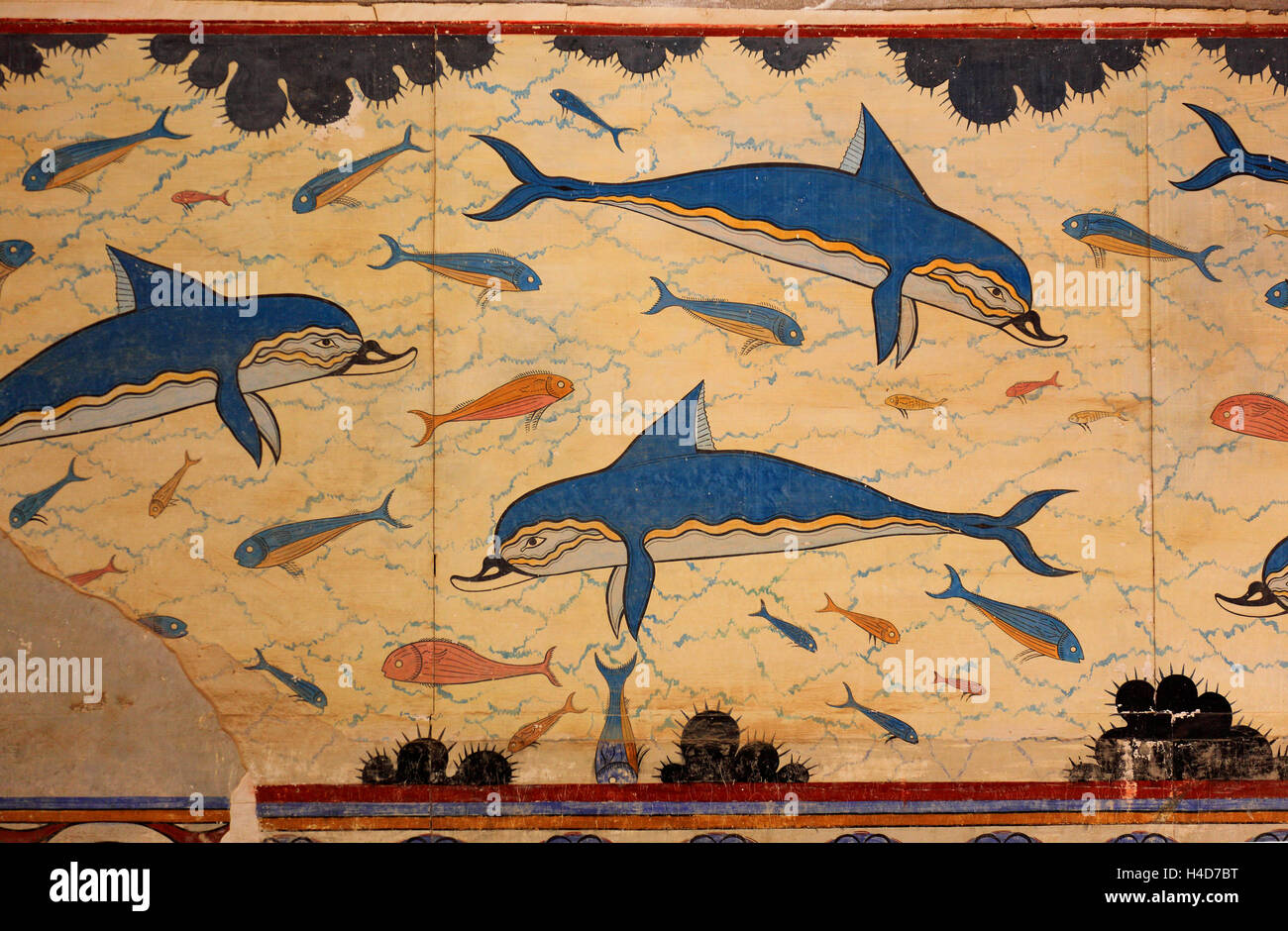 Crète, Knossos, le palais Minoer, des dauphins, des peintures murales dans un hôtel que la reine Banque D'Images