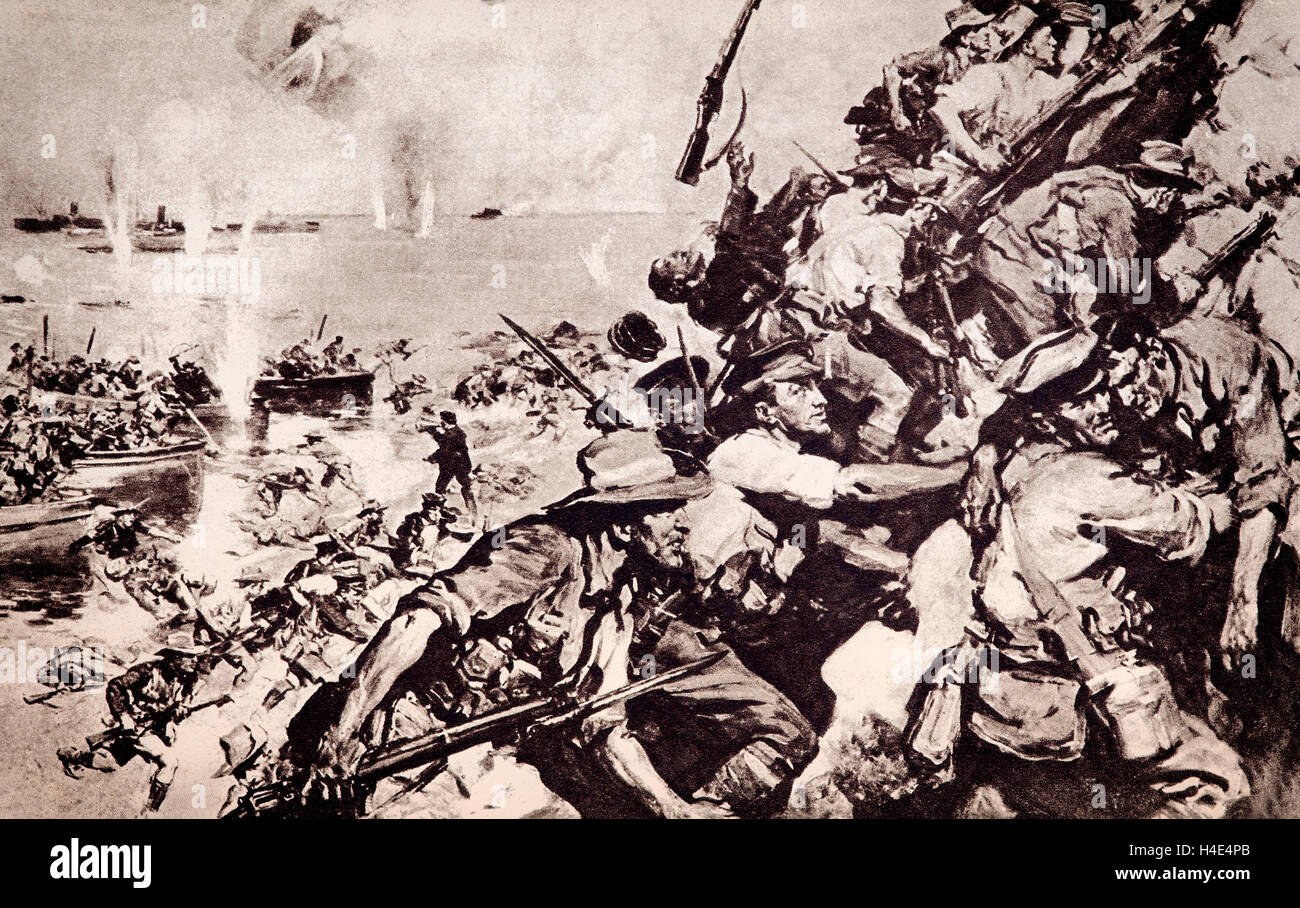 Les Dardanelles est étroit, détroit naturel intérieure située au nord-ouest de la Turquie. Les troupes d'assaut sur les hauteurs de la péninsule de Gallipoli en février 1915. Au cours de la campagne de Gallipoli, également connu sous le nom de la campagne des Dardanelles, la bataille de Gallipoli. Inclus 43 000 Total des décès des Alliés britanniques, français, 15 000 8 700 2 700 Australiens, Néo-zélandais, 1 370 Indiens et 49 de Terre-Neuve. Banque D'Images