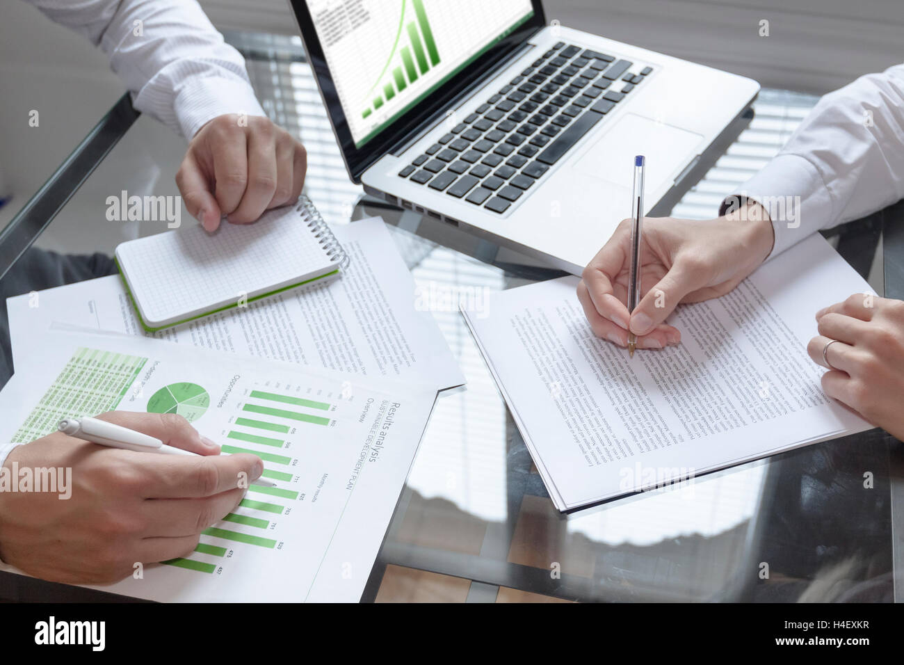 Réunion d'affaires sur le développement durable avec l'ordinateur portable et le bloc-notes Banque D'Images