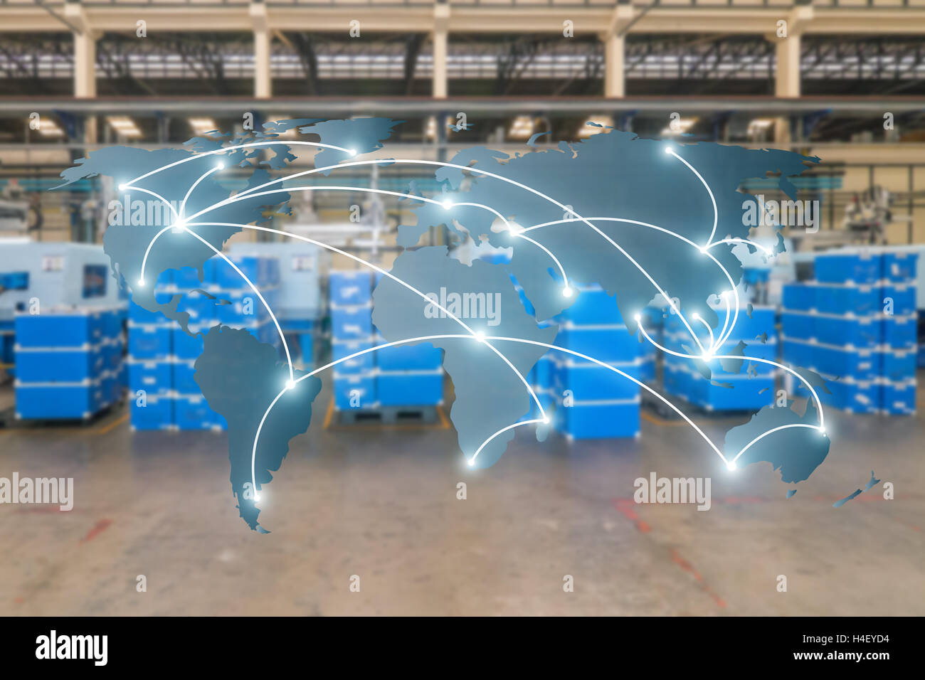 World international map connexion se connecter avec le réseau logistique de distribution floue fond d'entrepôt de marchandises, transport Banque D'Images